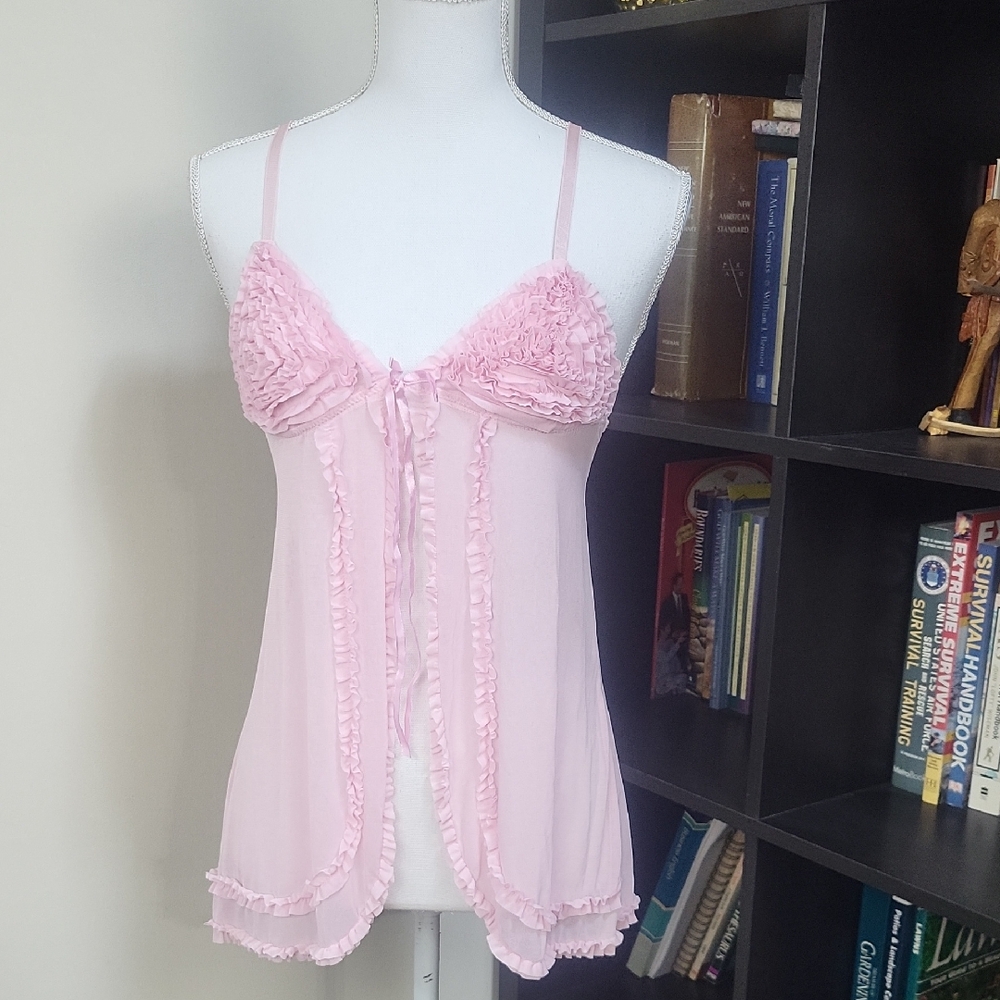 PER LEI Pink Ruffle Open Front Mesh Babydoll Top Lingerie Chemise